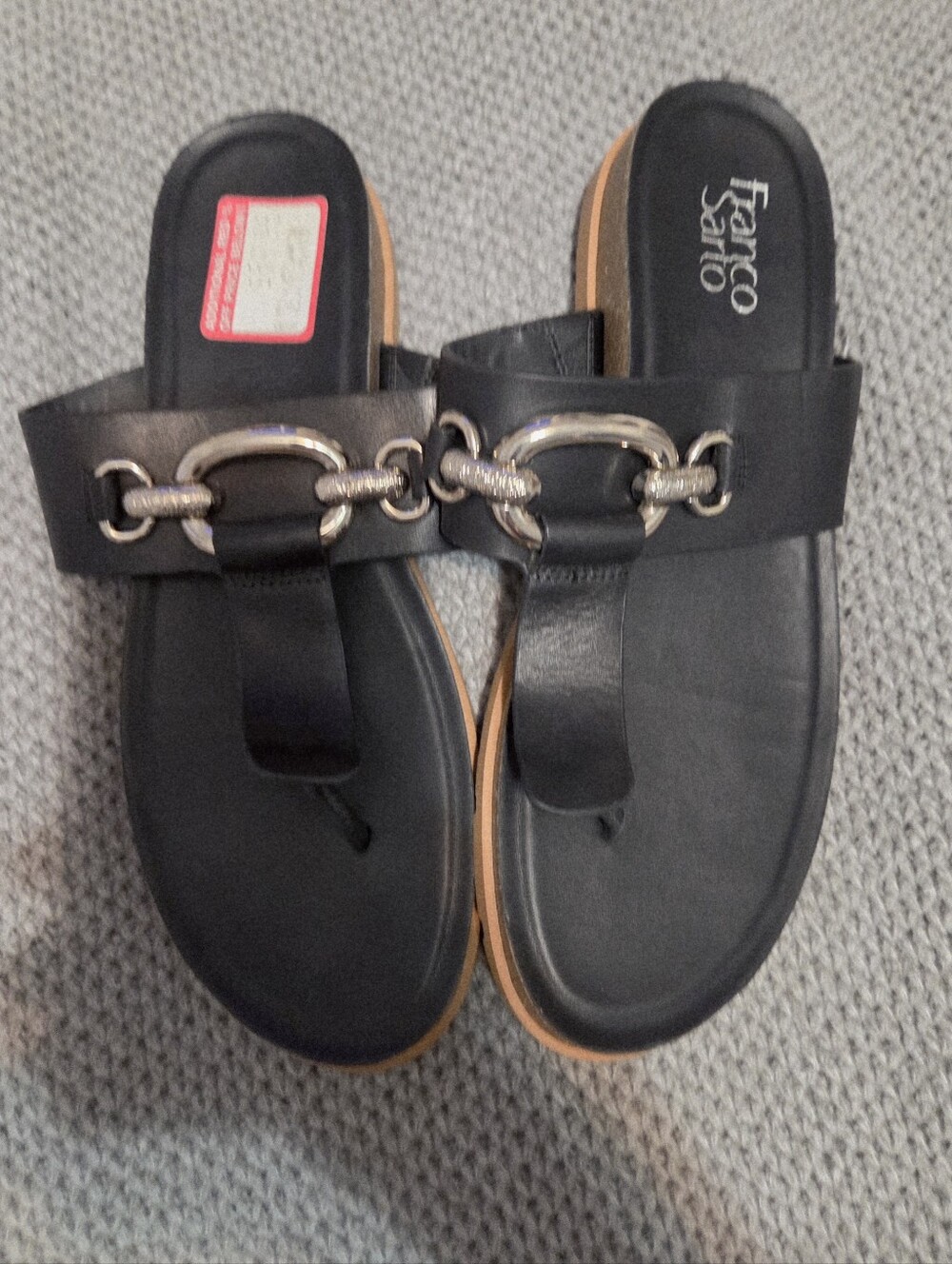 Worn OnceFranco Sarto Black Leather Slide Sandals with Silver-Tone Buckle Detail